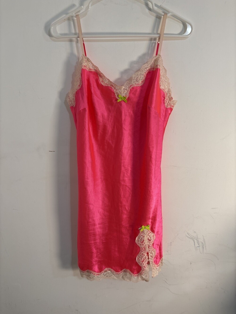 Vintage Victorias Secret Sz L Lace Neon Pink Babydoll Gown Slip Dress Chemise
